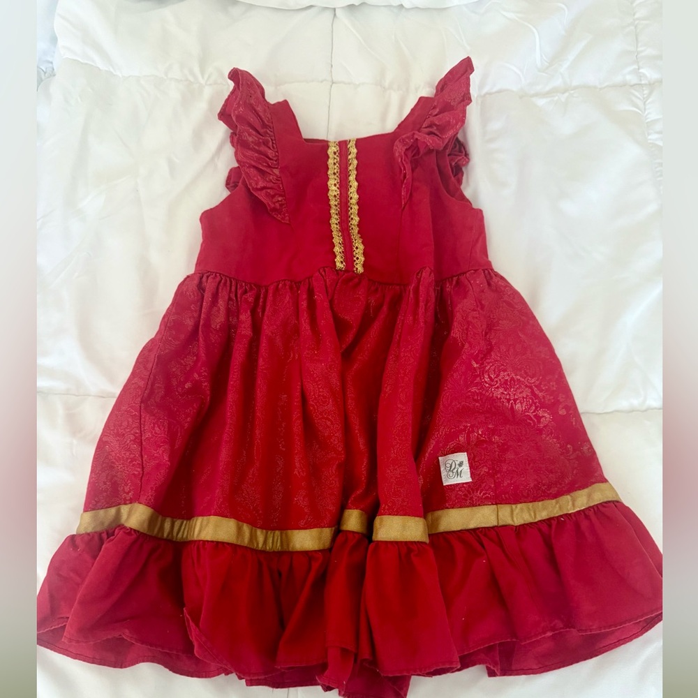 Ricrac and ruffles Darling Mae Elegant Red and Gold Girls Formal Christmas Dress